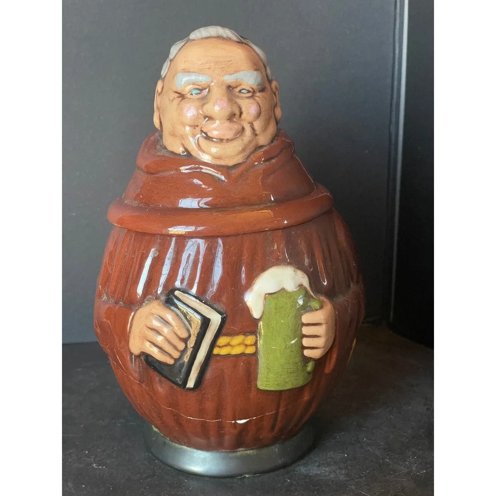 Vintage Friar Monk Beer Stein Lidded Mug Brown‎ Ceramic Fair Condition Barrel